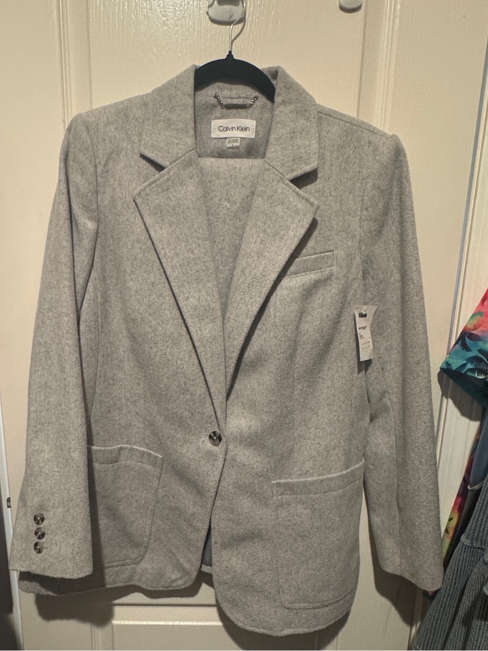 Calvin Klein Light Gray Single-Button Wool-Blend Blazer Skirt Suit